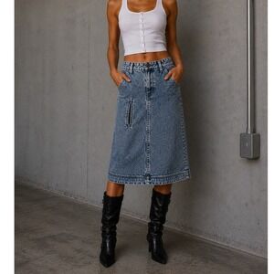 Gitano Express Vintage Acid Wash Denim Skirt Blue High Waist A-Line Midi Womens